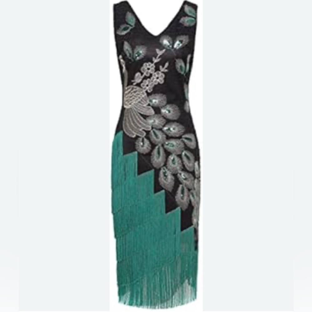 BabeYond black green and Silver peacock embroidered fringe flapper dress XL